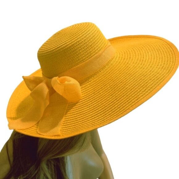 New Yellow straw beach sun hat with bow - Picture 5 of 6